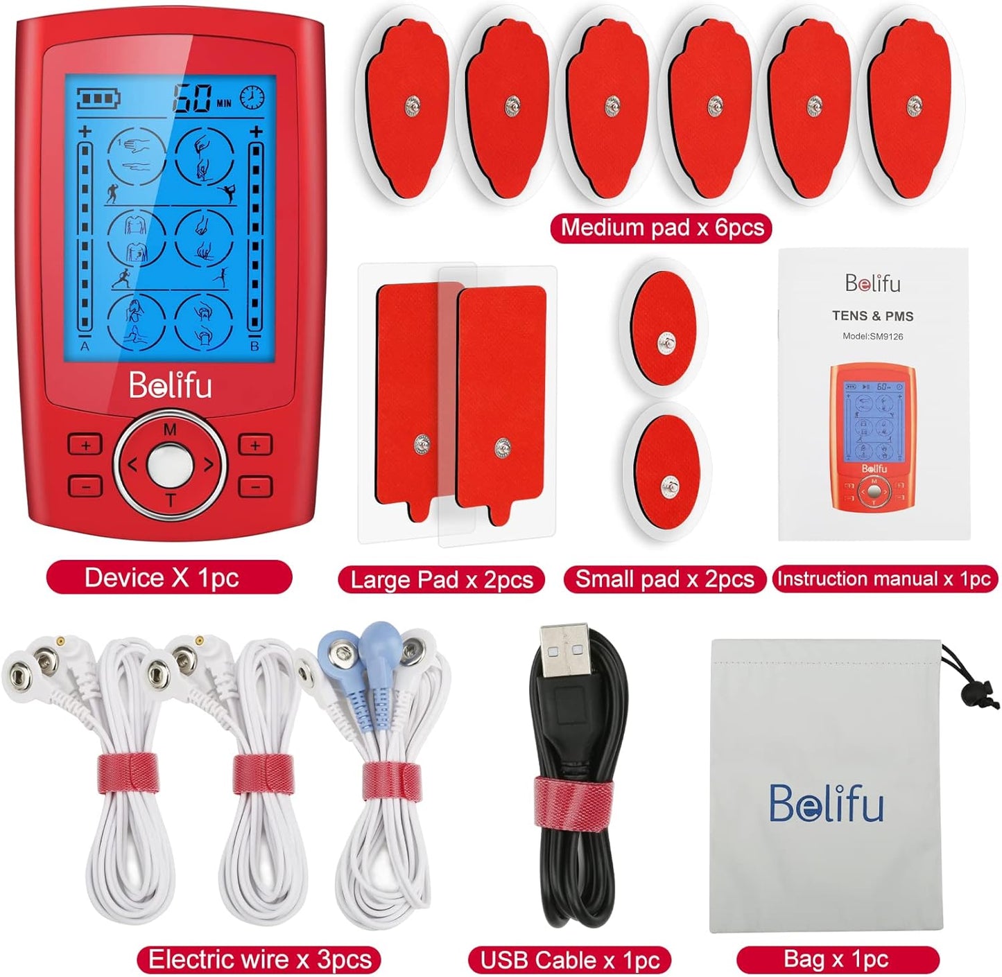 Belifu Dual Channel TENS EMS Unit 24 Modes Muscle Stimulator for Pain Relief Therapy, Electronic Pulse Massager Muscle Massager with 10 Pads, Dust-Proof Drawstring Storage Bag, Fastening Cable Ties