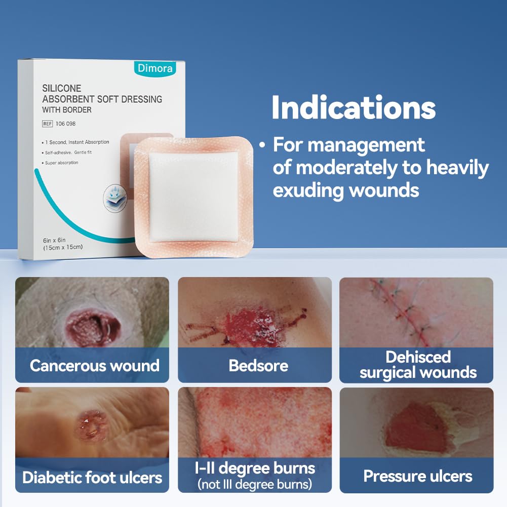 Dimora Super Absorbent Silicone Wound Dressings, Soft Adhesive Bandages with Ultrasorb Polymer, Heavy Exudate Pads for Wound Care, 6 x 6 inches, 10 Packs