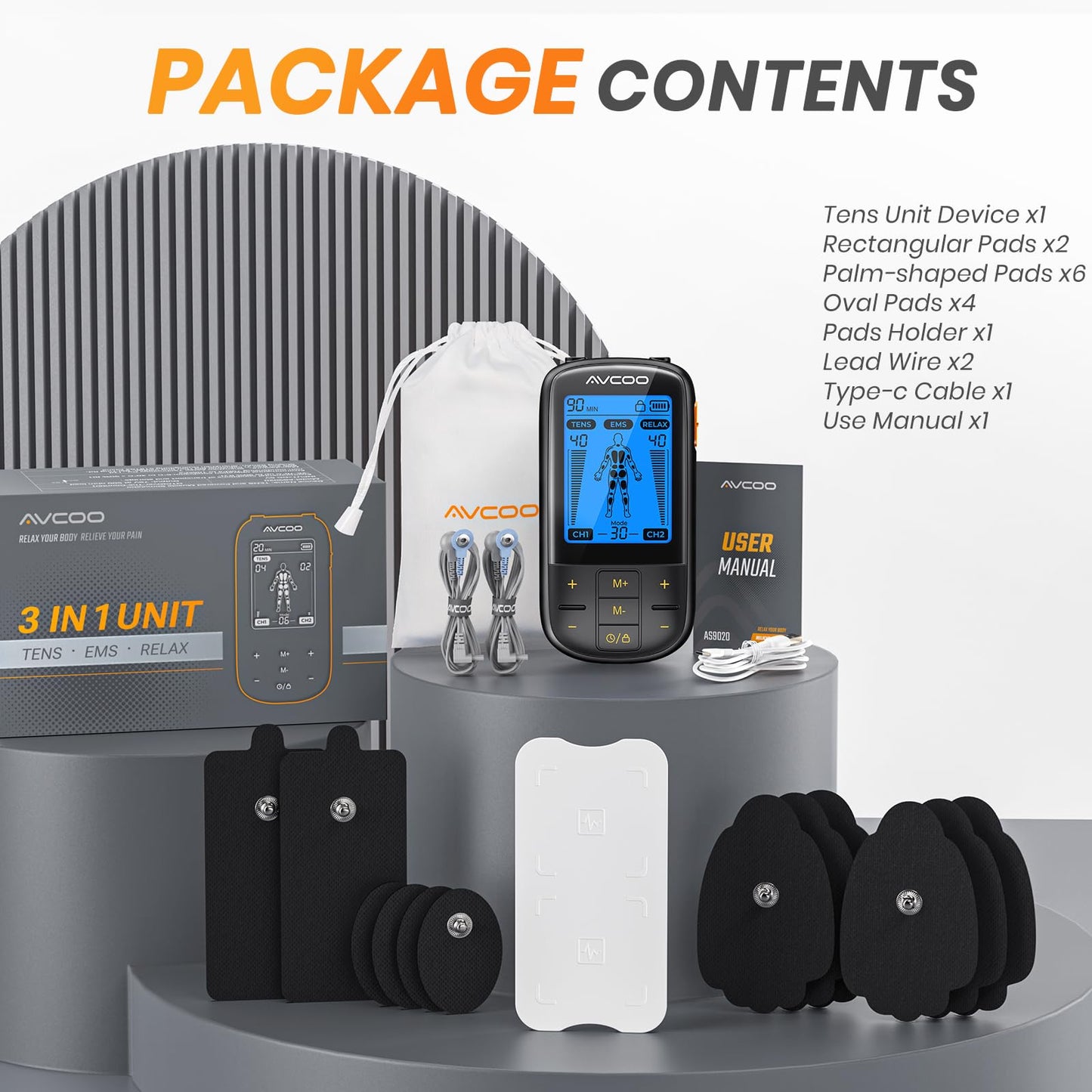 3-in-1 TENS Unit Muscle Stimulator with 30 Modes, 40 Intensities TENS Machine for Gradual Back Pain Relief Therapy, Rechargeable EMS Unit Massager with 12 TENS Electrode Pads, a Storage Bag