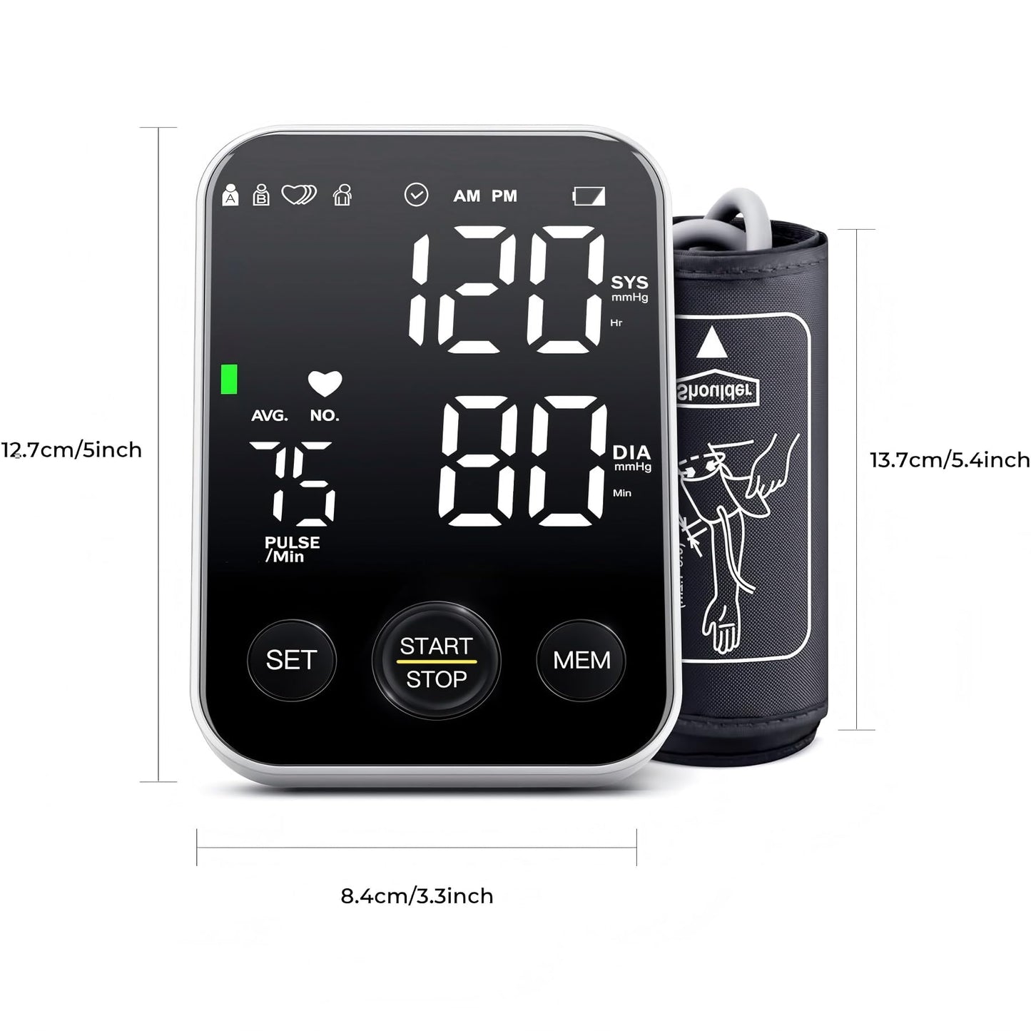 Arm blood pressure monitor, with 2 x 120 reading memory, adjustable cuff from 8.7 to 15.7 inches, large screen with storage bag, LED backlight, white color