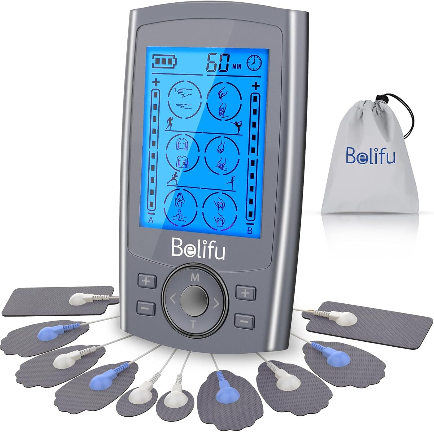Belifu Dual Channel TENS EMS Unit 24 Modes Muscle Stimulator for Pain Relief Therapy, Electronic Pulse Massager Muscle Massager with 10 Pads, Dust-Proof Drawstring Storage Bag, Fastening Cable Ties