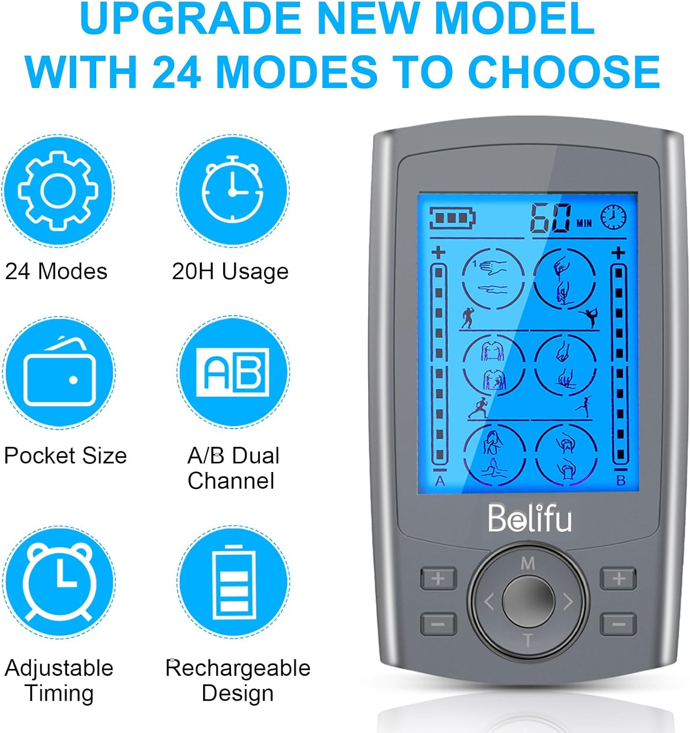 Belifu Dual Channel TENS EMS Unit 24 Modes Muscle Stimulator for Pain Relief Therapy, Electronic Pulse Massager Muscle Massager with 10 Pads, Dust-Proof Drawstring Storage Bag, Fastening Cable Ties