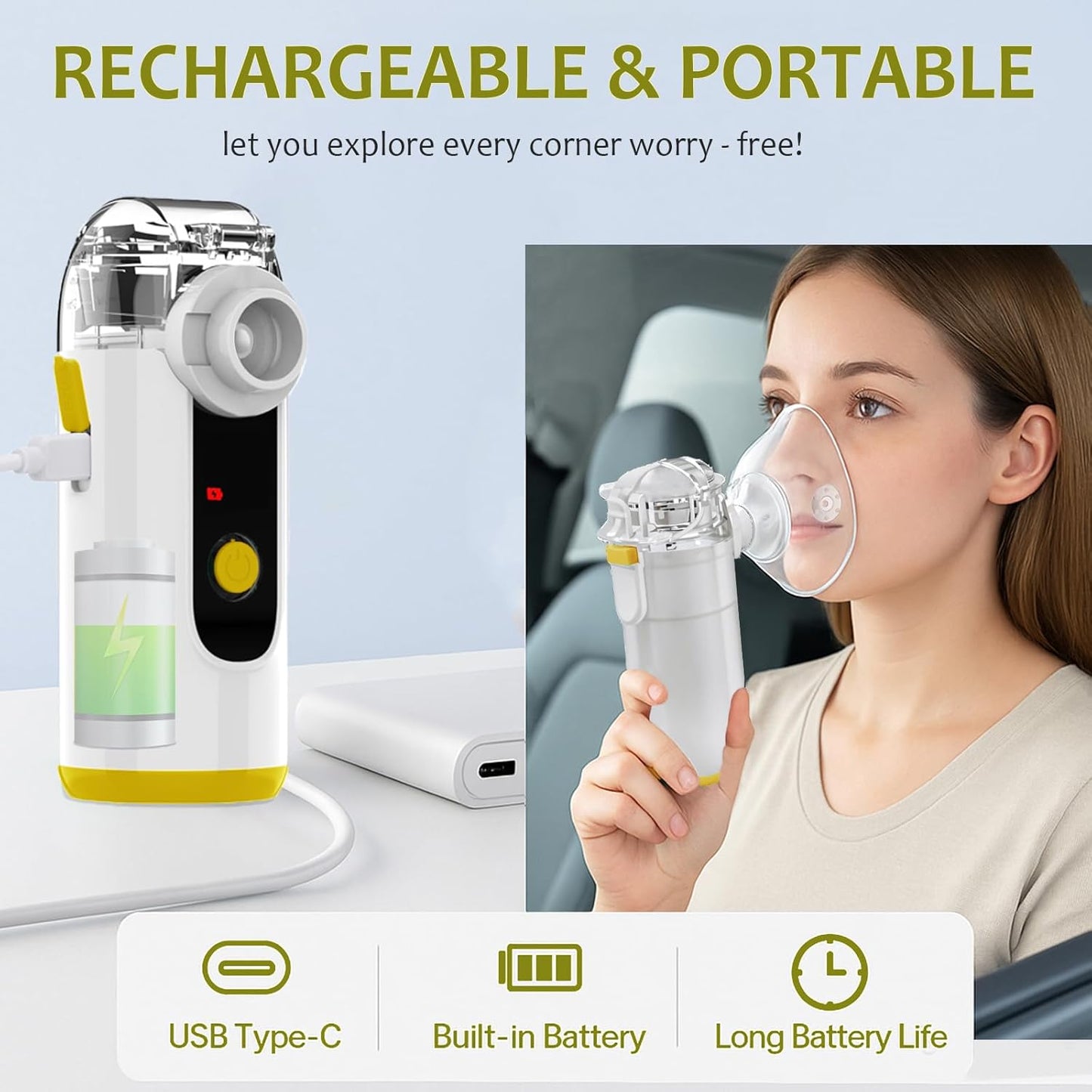 Hand-held Nebulizer for Respiratory System, Portable Nebulizer with Self-Clean Mode, Rechargeable Nebulizer for Home Office Travel