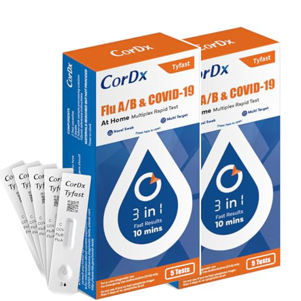 CorDx TyFast 10 Mins Flu A/B & Covid 19 Multiplex Rapid Test, Results in 10 Minutes—Precision Skip The 15 Wait, EUA Authorized, at Home 3 in 1 Combo Kit, 5 Tests, Use-Friendly & No Discomfort