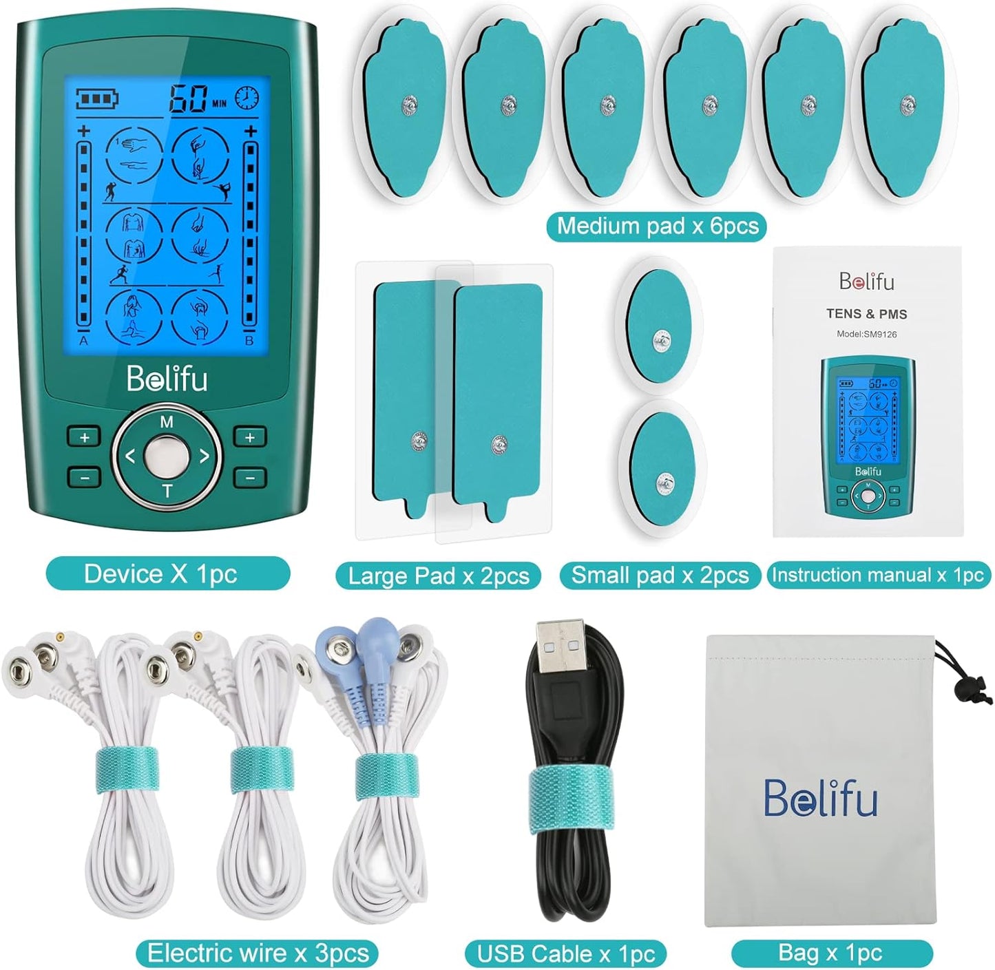 Belifu Dual Channel TENS EMS Unit 24 Modes Muscle Stimulator for Pain Relief Therapy, Electronic Pulse Massager Muscle Massager with 10 Pads, Dust-Proof Drawstring Storage Bag, Fastening Cable Ties