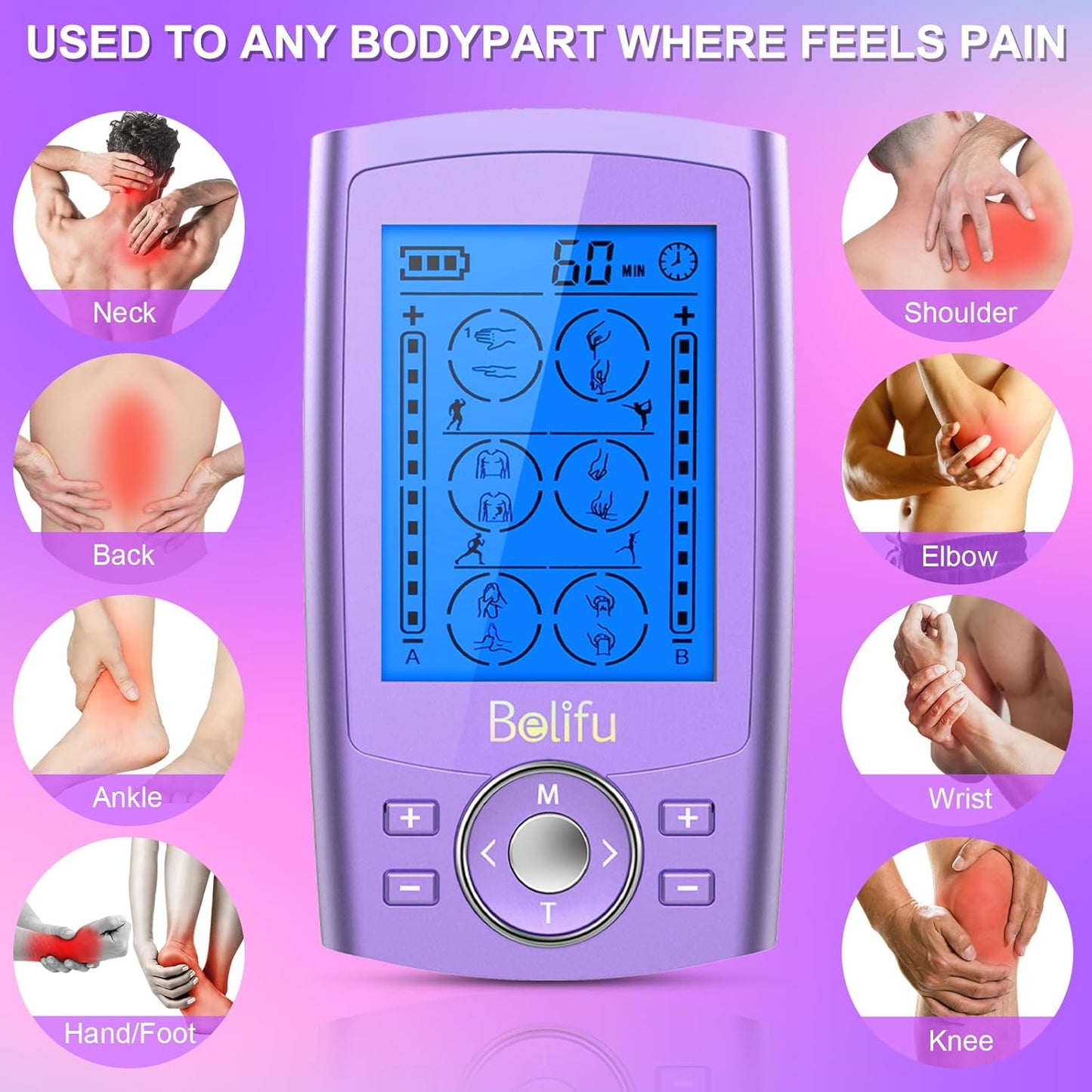 Belifu Dual Channel TENS EMS Unit 24 Modes Muscle Stimulator for Pain Relief Therapy, Electronic Pulse Massager Muscle Massager with 10 Pads, Dust-Proof Drawstring Storage Bag, Fastening Cable Ties