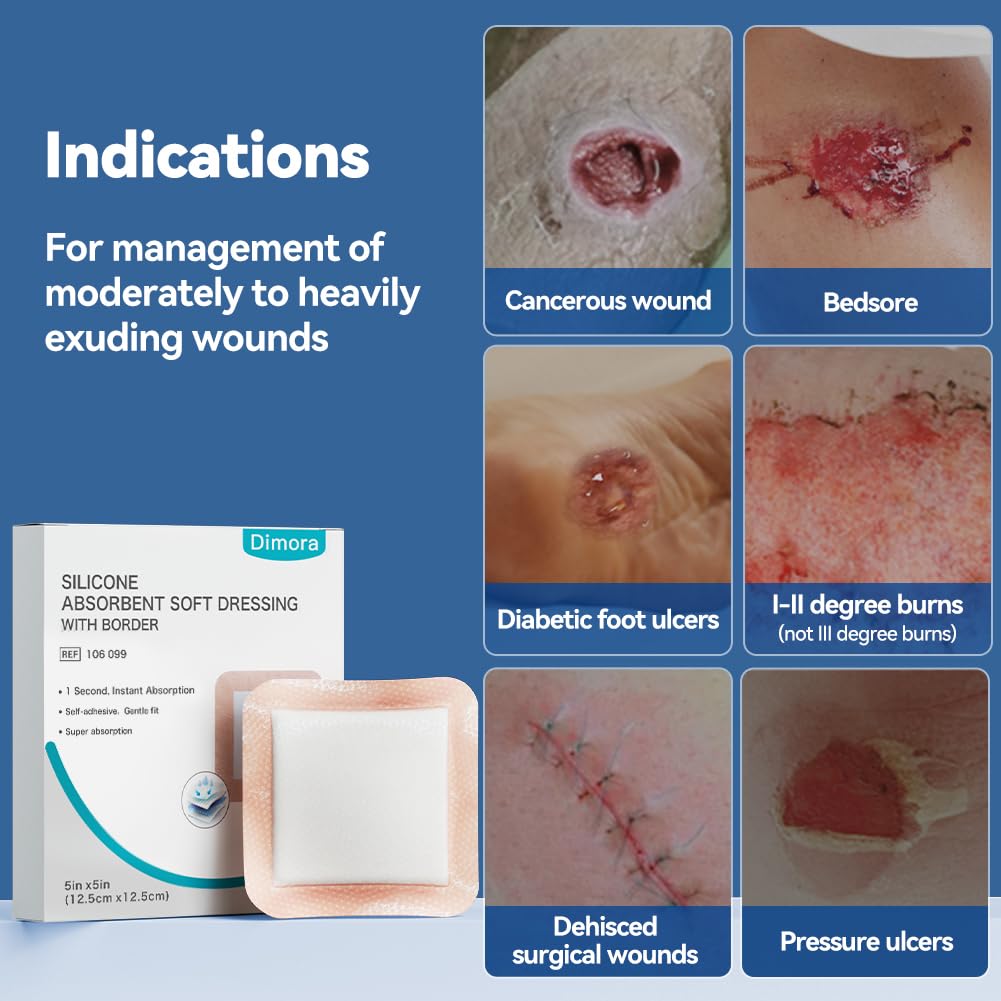 Dimora Superabsorbent Silicone Wound Dressings, Soft Adhesive Bandages with Ultrasorb Polymer, Heavy Exudate Pads for Wound Care, 5 x 5 inches, 10 Packs