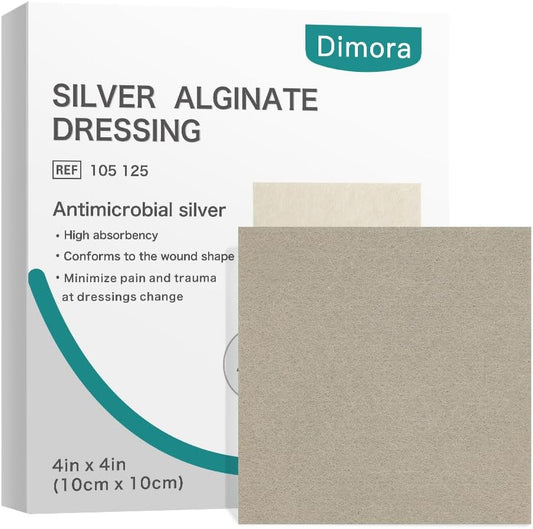 Dimora Enhanced Silver Calcium Alginate Wound Dressing, Antibacterial Nonstick Gauze, Highly Absorbent Sterile Pads, 4 x 4 Inch Patches, 5 Packets