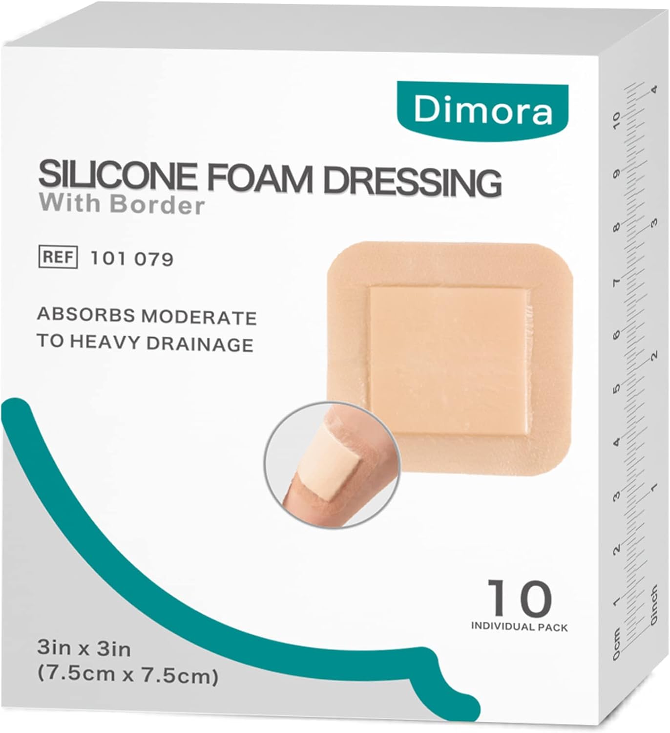 Dimora Silicone foam dressing with edge adhesive, 3 x 3 inches, waterproof first aid bandage for wound care, pack of 10