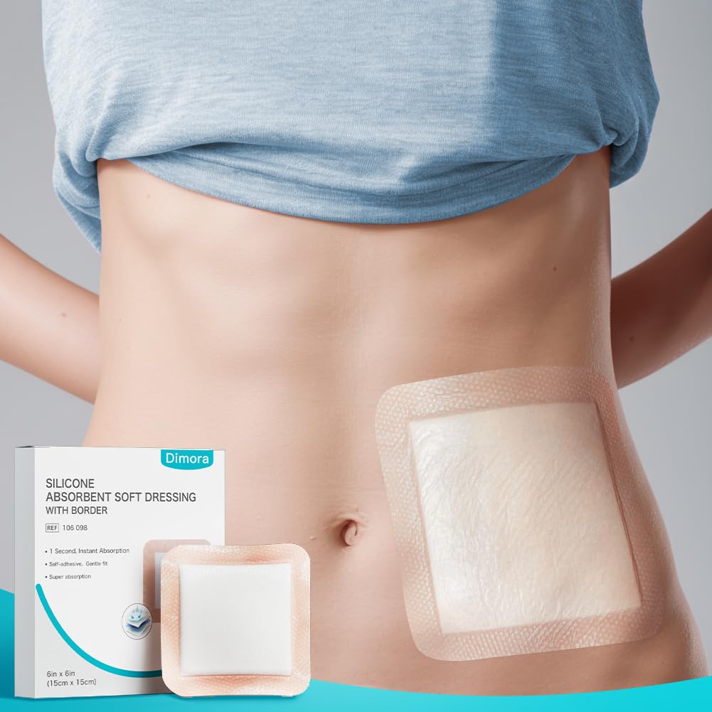 Dimora Super Absorbent Silicone Wound Dressings, Soft Adhesive Bandages with Ultrasorb Polymer, Heavy Exudate Pads for Wound Care, 6 x 6 inches, 10 Packs