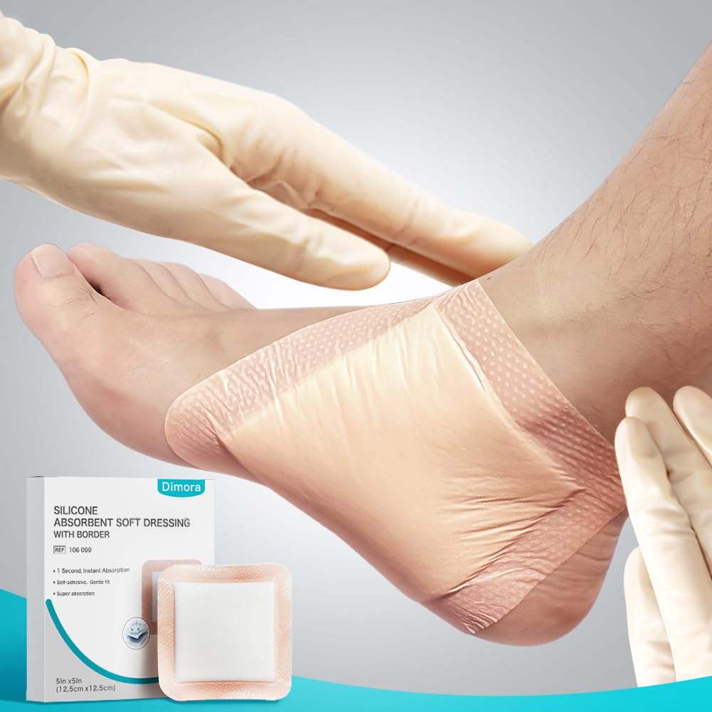 Dimora Superabsorbent Silicone Wound Dressings, Soft Adhesive Bandages with Ultrasorb Polymer, Heavy Exudate Pads for Wound Care, 5 x 5 inches, 10 Packs