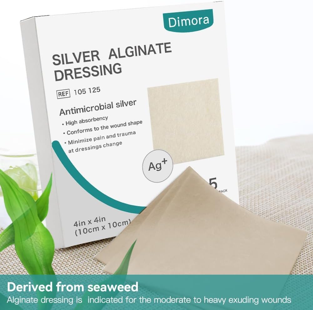 Dimora Enhanced Silver Calcium Alginate Wound Dressing, Antibacterial Nonstick Gauze, Highly Absorbent Sterile Pads, 4 x 4 Inch Patches, 5 Packets