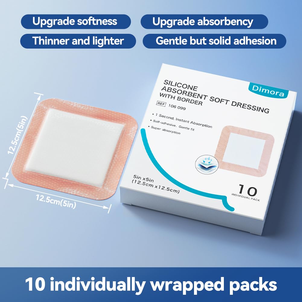 Dimora Superabsorbent Silicone Wound Dressings, Soft Adhesive Bandages with Ultrasorb Polymer, Heavy Exudate Pads for Wound Care, 5 x 5 inches, 10 Packs