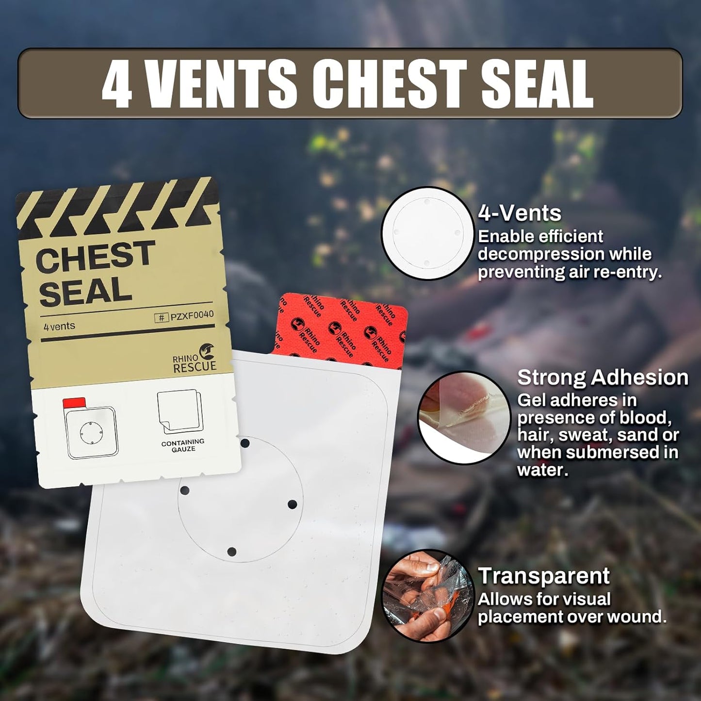 RHINO RESCUE Ventilated chest seal, 4 ventilation grilles, sterile emergency dressing for trauma, occlusive adhesive pad, first aid medical supplies for wound care, gunshot wounds, chest suction (2 units)
