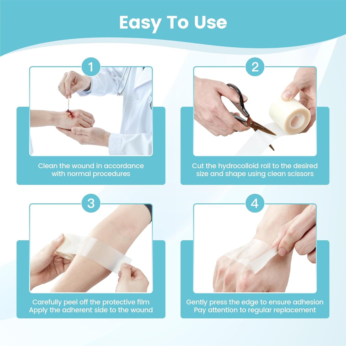 Medical grade hydrocolloid roll, sterile and cut to size, used as a wound bandage, acne patch, bandage, nose and eye patch; Flexible and waterproof, essential