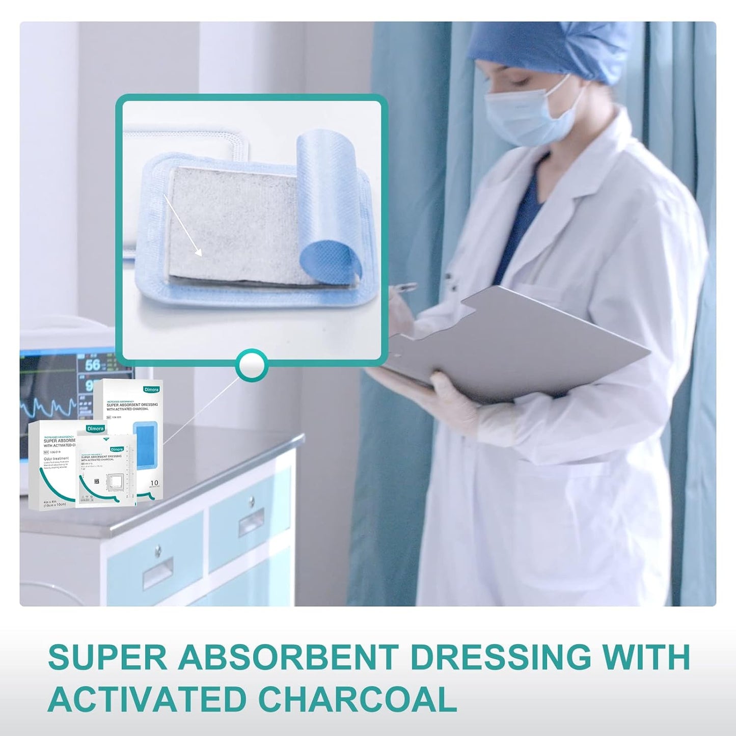 Enhanced Super Absorbent Dressing with Activated Charcoal, Anti-Odor Wound Moisture Wicking Upper Dressing - 4 x 8 inches, 10 Packs