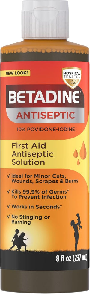 Betadine - 8 fl oz first aid solution of antiseptic povidone iodine with the promise of non-stinging (packaging may vary)