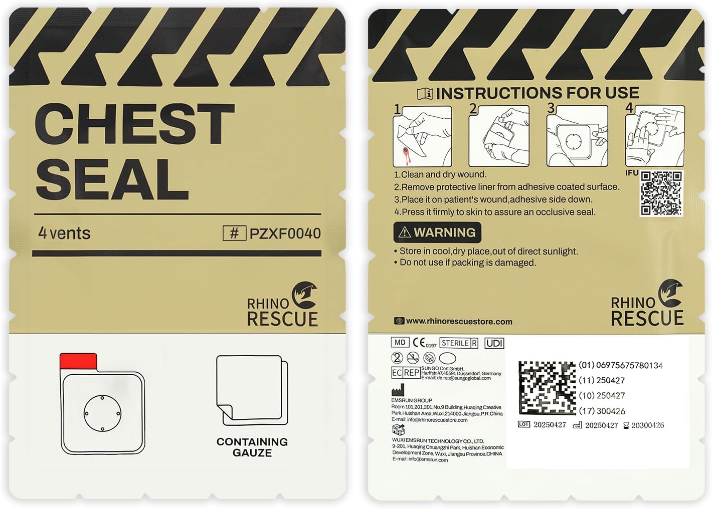 RHINO RESCUE Ventilated chest seal, 4 ventilation grilles, sterile emergency dressing for trauma, occlusive adhesive pad, first aid medical supplies for wound care, gunshot wounds, chest suction (2 units)
