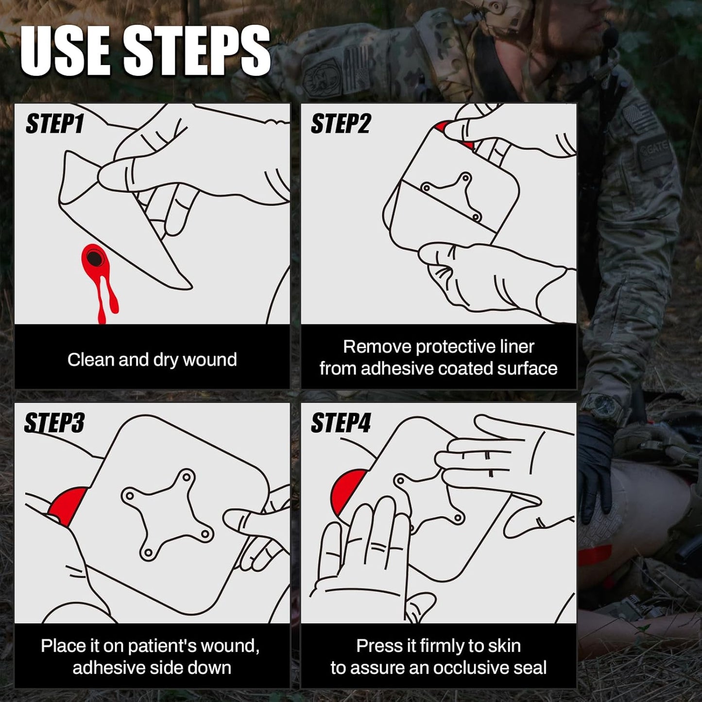 RHINO RESCUE Ventilated chest seal, 4 ventilation grilles, sterile emergency dressing for trauma, occlusive adhesive pad, first aid medical supplies for wound care, gunshot wounds, chest suction (2 units)