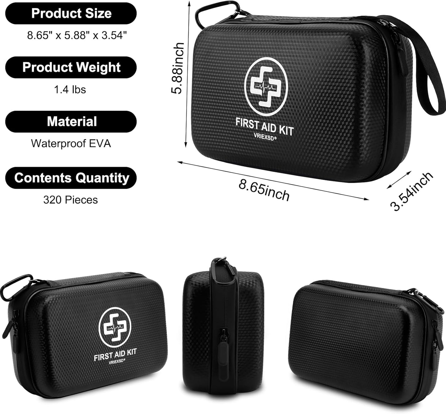 Premium First Aid Kit, 320 Piece Waterproof Hard Shell Eva First Aid Kit for Home, Camping, Cars, Hiking, Travel, Businesses & Outdoor Emergencies - Emergency Medical Kits (Red)