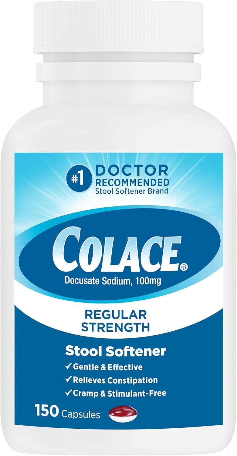 Colace Stool Softener 100 mg, 100 Capsules, Constipation Relief, Docusate Sodium, Gentle Docusate, Stimulant-Free, Regular Strength, #1 Doctor Recommended Stool Softener Brand