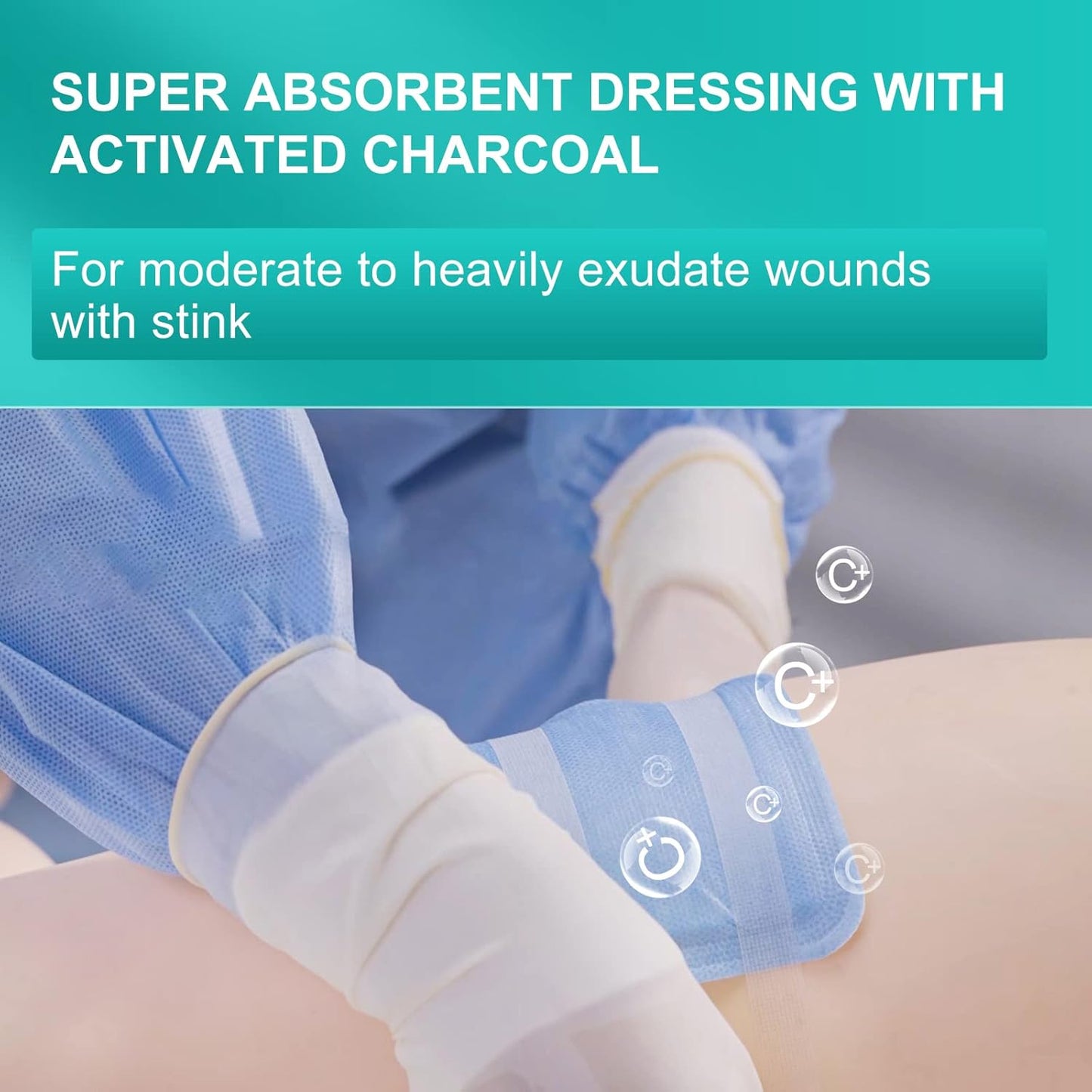 Enhanced Super Absorbent Dressing with Activated Charcoal, Anti-Odor Wound Moisture Wicking Upper Dressing - 4 x 8 inches, 10 Packs