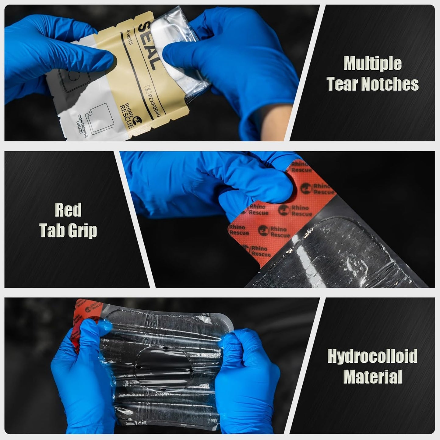 RHINO RESCUE Ventilated chest seal, 4 ventilation grilles, sterile emergency dressing for trauma, occlusive adhesive pad, first aid medical supplies for wound care, gunshot wounds, chest suction (2 units)