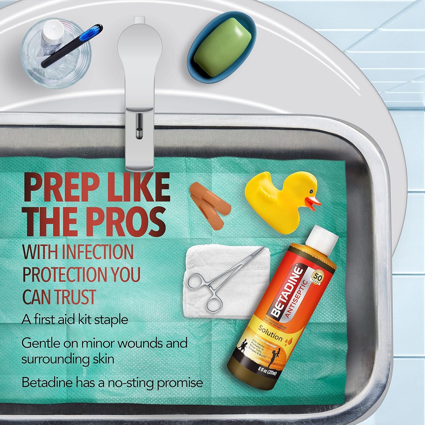 Betadine - 8 fl oz first aid solution of antiseptic povidone iodine with the promise of non-stinging (packaging may vary)