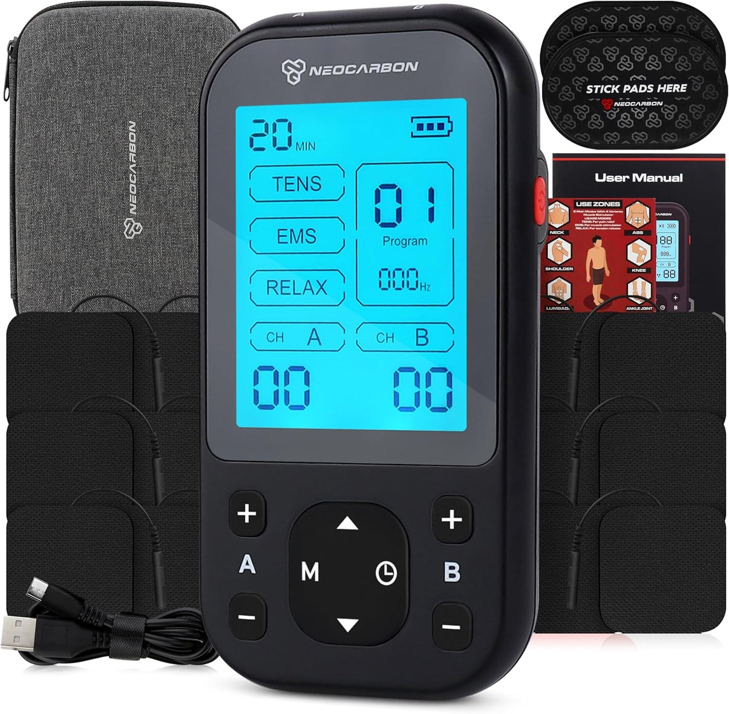 TENS Unit Muscle Stimulator Pro for Back Pain Relief, Shoulder Recovery and Physical Therapy, Electronic EMS Massager Machine with PMS Pulse for Effective Shock Therapy, Red