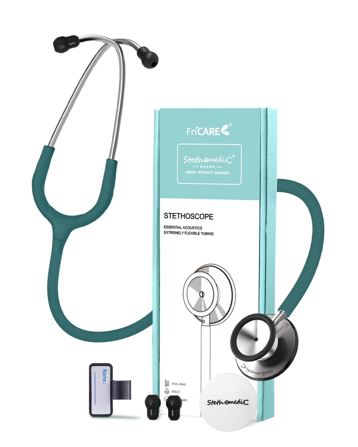 FriCARE Dual Head Stethoscope - Stethoscopes for Nurses, Medical Nursing Students, Paramedics/EMT/LVN/VNA Backup Estetoscopio, Smooth Emerald Green Tube, Stainless Steel Chestpiece