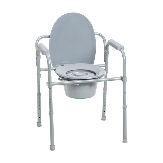 Drive Medical Folding Steel Bedside Commode Chair - 3-in-1 Portable Toilet - Adjustable Height - 350 Lb Weight Capacity - 7.5 Qt Bucket - Adult Commode - Grey