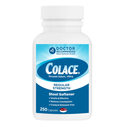 Colace Stool Softener 100 mg, 100 Capsules, Constipation Relief, Docusate Sodium, Gentle Docusate, Stimulant-Free, Regular Strength, #1 Doctor Recommended Stool Softener Brand