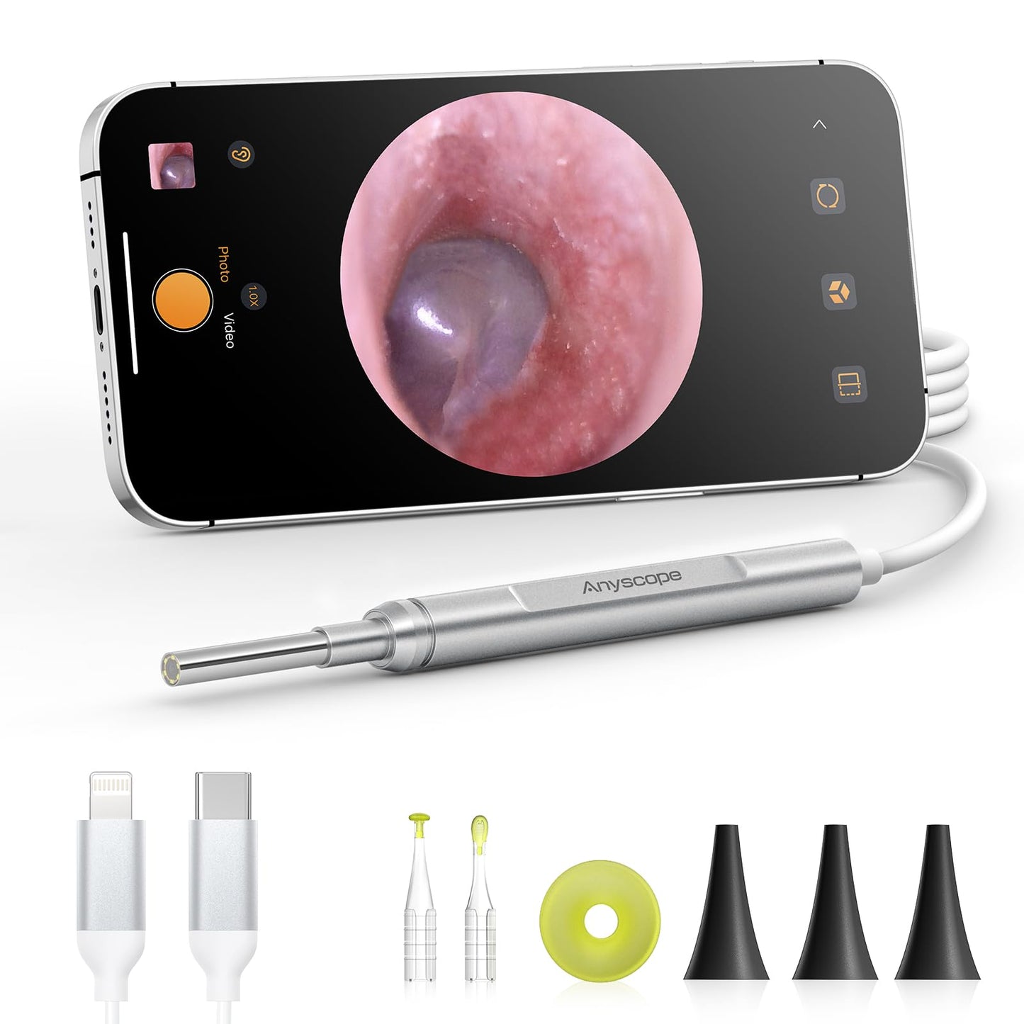 Digital Otoscope Compatible with iPhone and Android Devices, HD Ear Camera with Ear Wax Removal Tools, Video Ear Scope Otoscope with Light, Capture Photos and Videos (Silver)