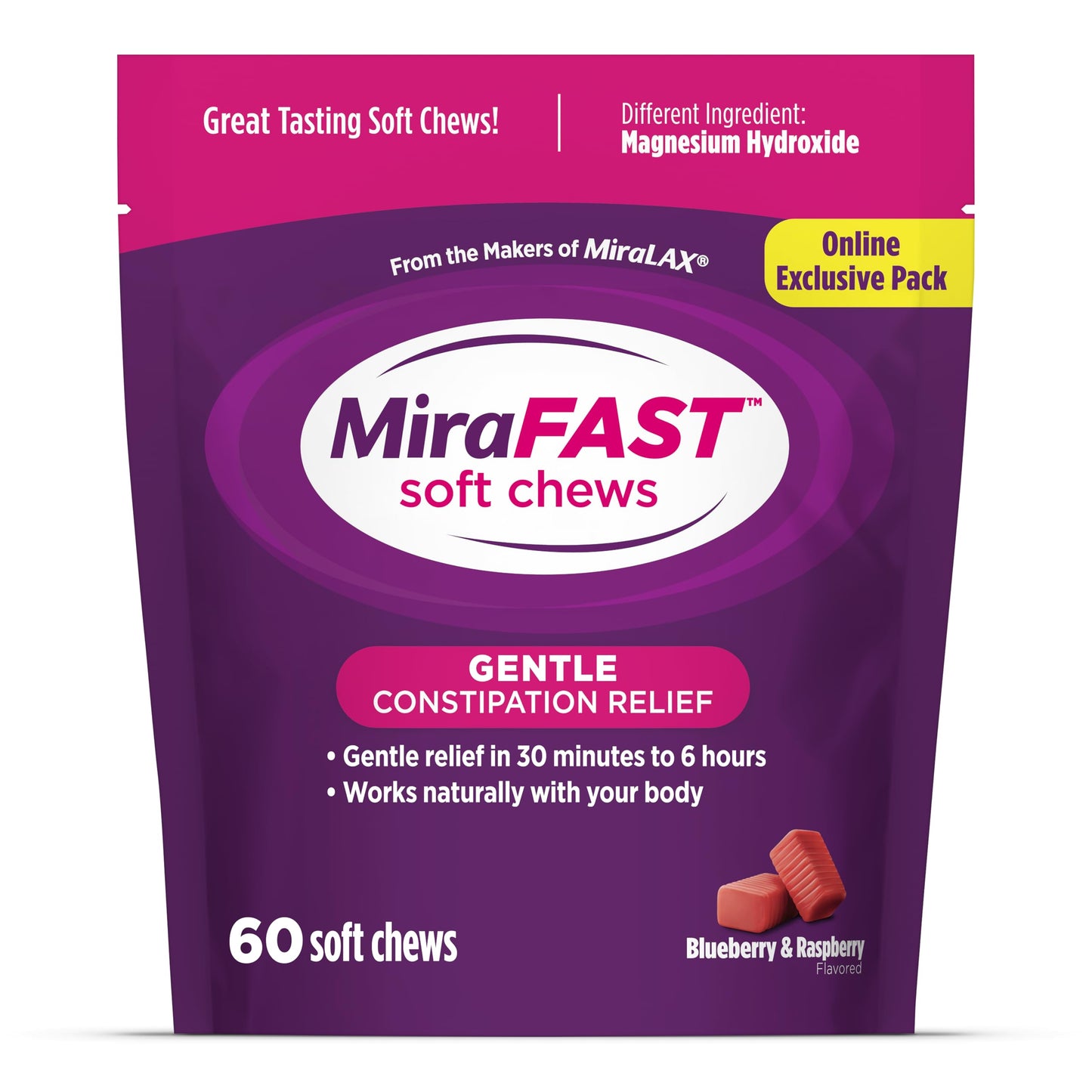 MiraFAST Soft Chews, from The Makers of MiraLAX, Gentle Constipation Relief, Fast Acting Laxative, Stimulant Free Saline Laxative, Magnesium Hydroxide, Blueberry & Raspberry Flavor, 60ct