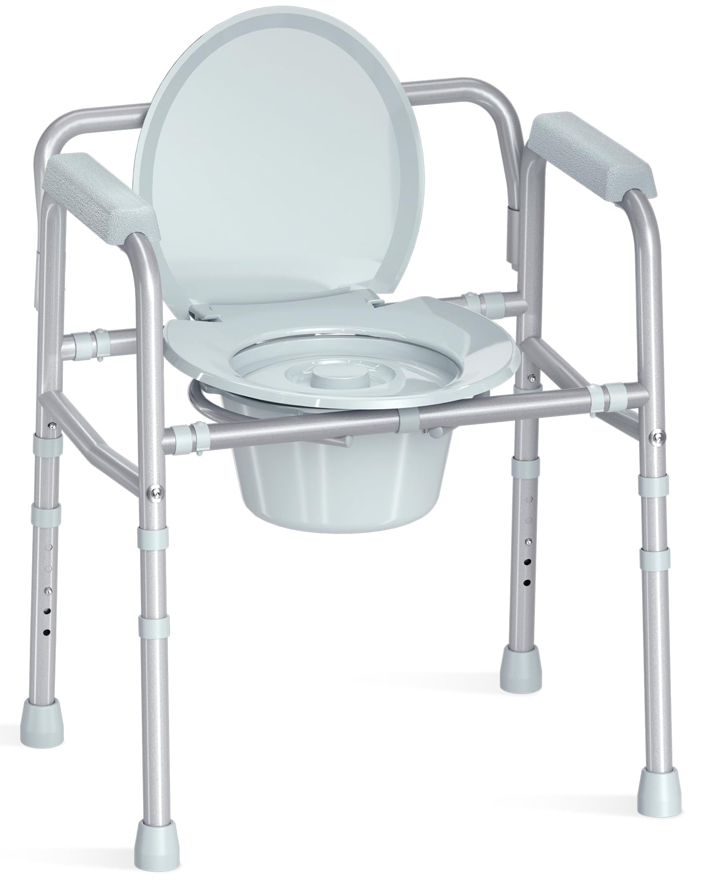 3-in-1 Bedside Commode Chair with Sturdy Dual-Crossbar Support Construction, Stable Portable Commode Toilet with 7.5Qt Potty Bucket, 350 Lbs Bedside Commodes for Seniors, Silver