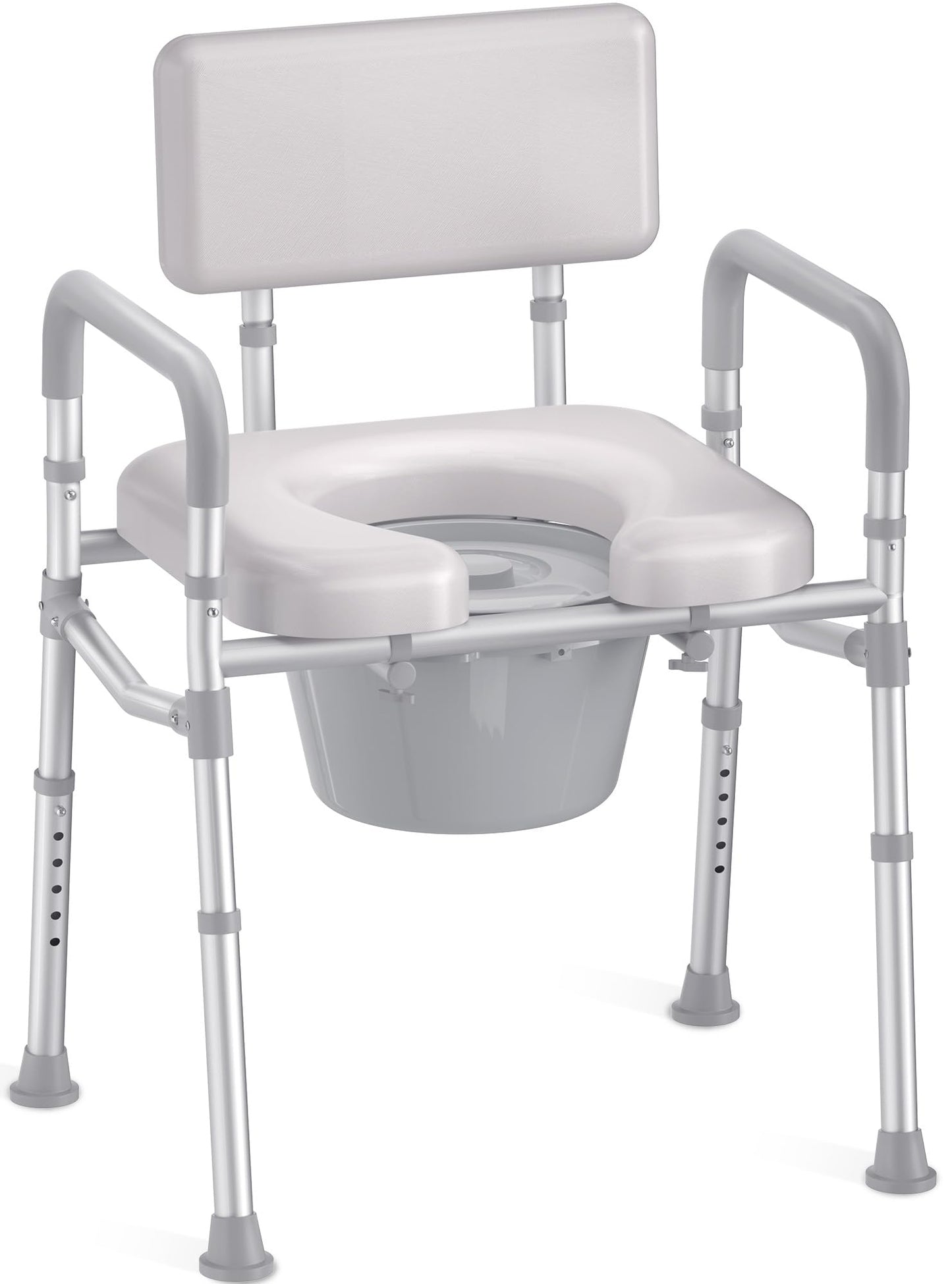 Bedside Commode with Padded Seat and Backrest, Aluminum Commode Toilet with Bucket, Easy Cleaning Portable Toilet for Adults and Seniors, 350 lb Capacity Enhanced Crossbar