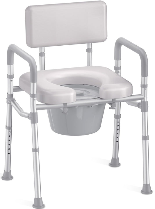 Bedside Commode with Padded Seat and Backrest, Aluminum Commode Toilet with Bucket, Easy Cleaning Portable Toilet for Adults and Seniors, 350 lb Capacity Enhanced Crossbar