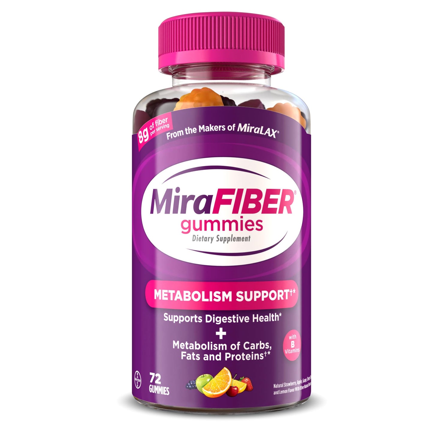 MiraFIBER Gummies from the Makers of MiraLAX, 8g of Daily Fiber Per Serving, Metabolism Support with B Vitamins, Gut Health for Men & Women, Prebiotic Fiber Gummies for Adults, Mixed Fruit Flavor 72Ct