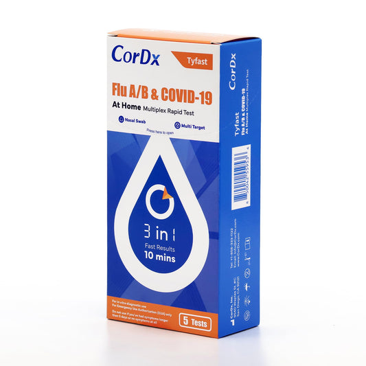 CorDx TyFast 10 Mins Flu A/B & Covid 19 Multiplex Rapid Test, Results in 10 Minutes—Precision Skip The 15 Wait, EUA Authorized, at Home 3 in 1 Combo Kit, 5 Tests, Use-Friendly & No Discomfort