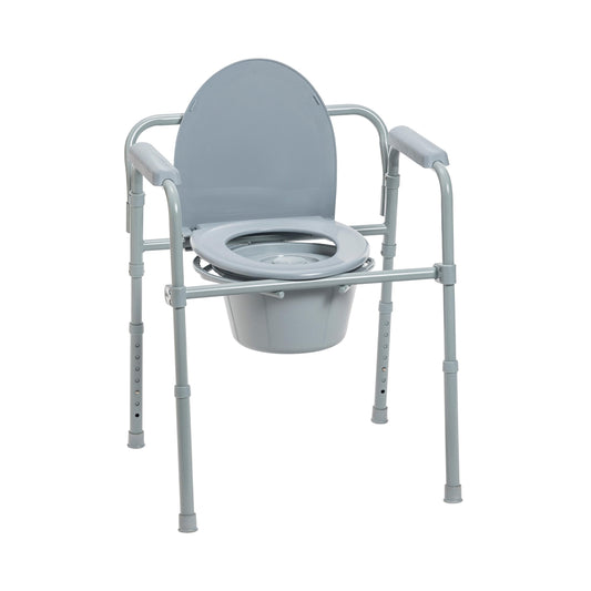 Drive Medical Folding Steel Bedside Commode Chair - Portable 3-in-1 Toilet Solution - Adjustable Height - 7.5 Qt Bucket Included - Durable Powder-Coated Steel Frame - Supports Up To 350 Lb