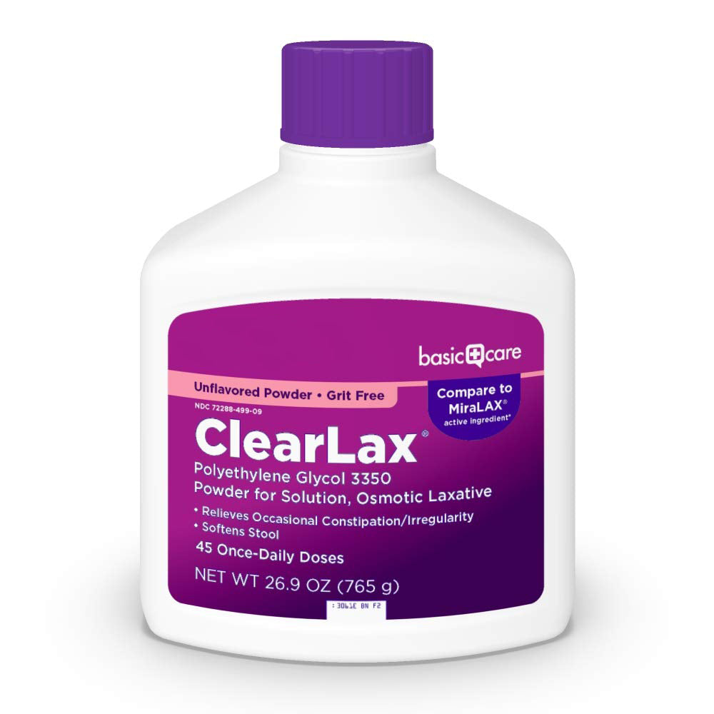 Basic Care ClearLax Polyethylene Glycol 3350 Powder for Solution, Osmotic Laxative, Relieves Occasional Constipation, Unflavored, 1.68 pound (Pack of 1)