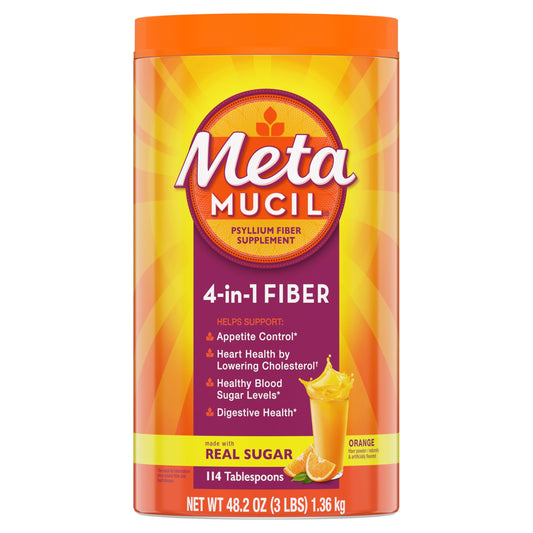 Metamucil 4-in-1 Psyllium Husk Fiber Supplement, Real Sugar, 114 tablespoons, Orange Flavored, Daily Fiber Powder for Digestive Health, made with Plant-Based Psyllium Husk Fiber