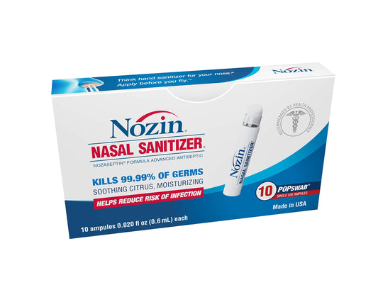 Nozin® Nasal Sanitizer® Antiseptic Popswab® Ampules Pack of 10 units | Kills 99.99% of Germs | Alcohol-based 62%