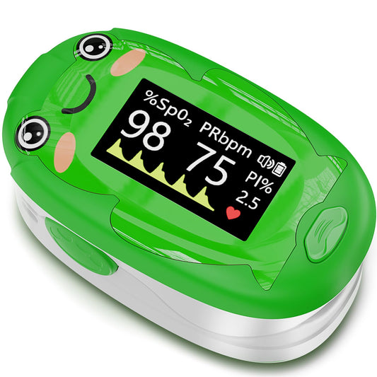 Pulse Oximeter for Kids, Adorable Animal Children Oxygen Monitor Fingertip with 20 × Memory, 4 Color OLED Display Blood Oxygen Saturation Monitor with Alarm, Batteries and Lanyard