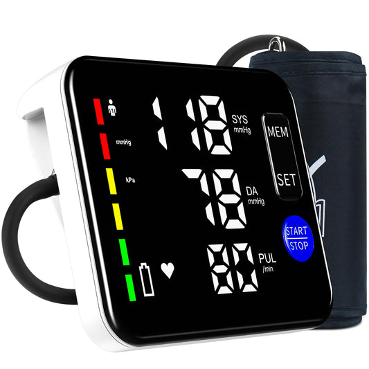 Rechargeable upper arm blood pressure monitor for home use, large screen Bp machine with Bp fist from 8.7 to 16.5 inches, 2 x 120 memory, voice transmission monitor (black)
