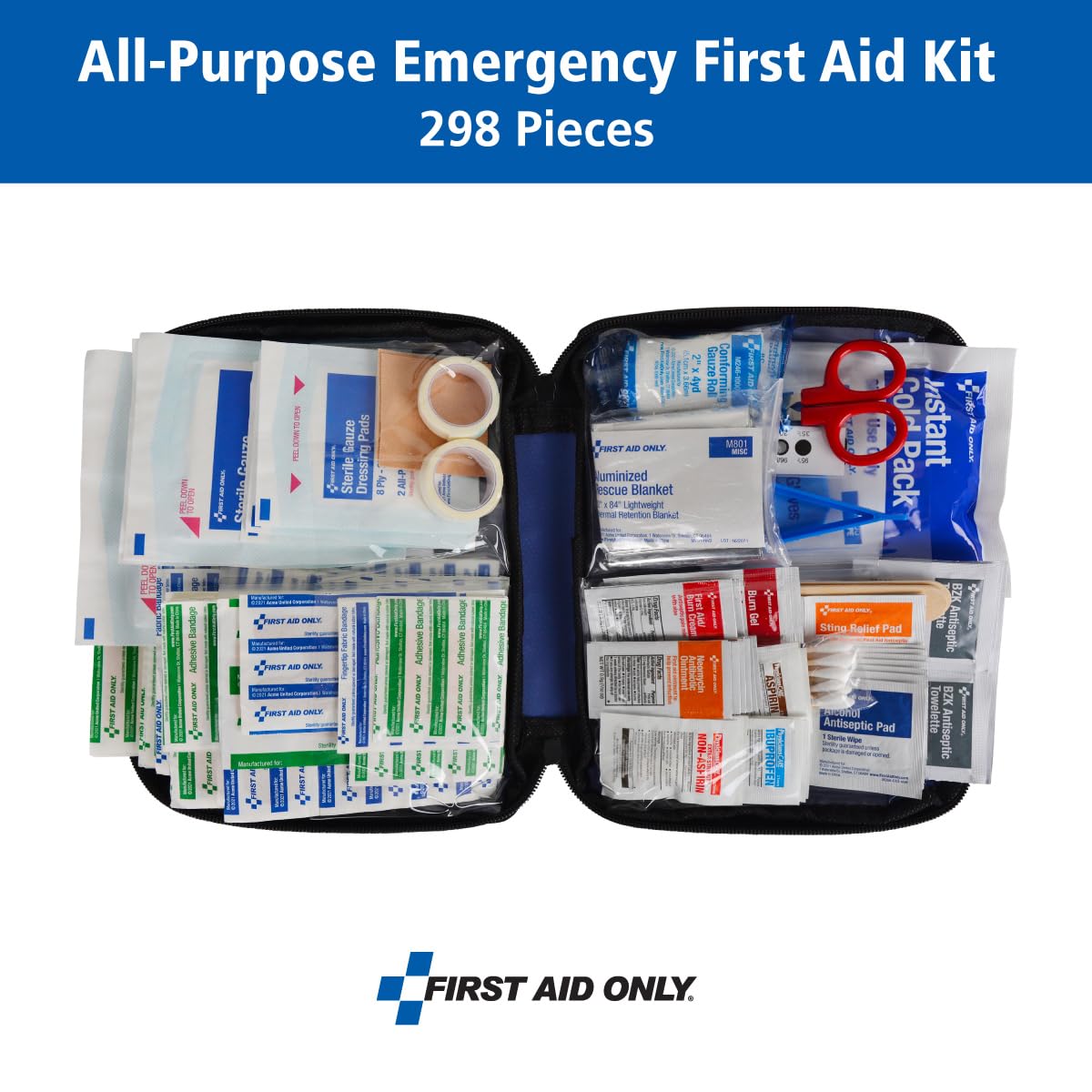 First Aid Only 298 Piece All-Purpose Emergency First Aid Kit for Home, Office, Car, Apartment, Dorm, and Camping, Travel-Friendly Compact Pouch Fits in Backpacks, Suitcases, Cabinets, and Drawers