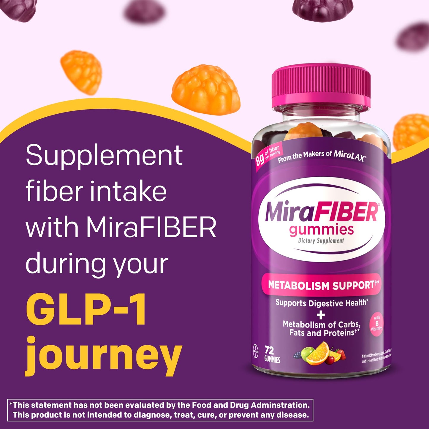 MiraFIBER Gummies from the Makers of MiraLAX, 8g of Daily Fiber Per Serving, Metabolism Support with B Vitamins, Gut Health for Men & Women, Prebiotic Fiber Gummies for Adults, Mixed Fruit Flavor 72Ct