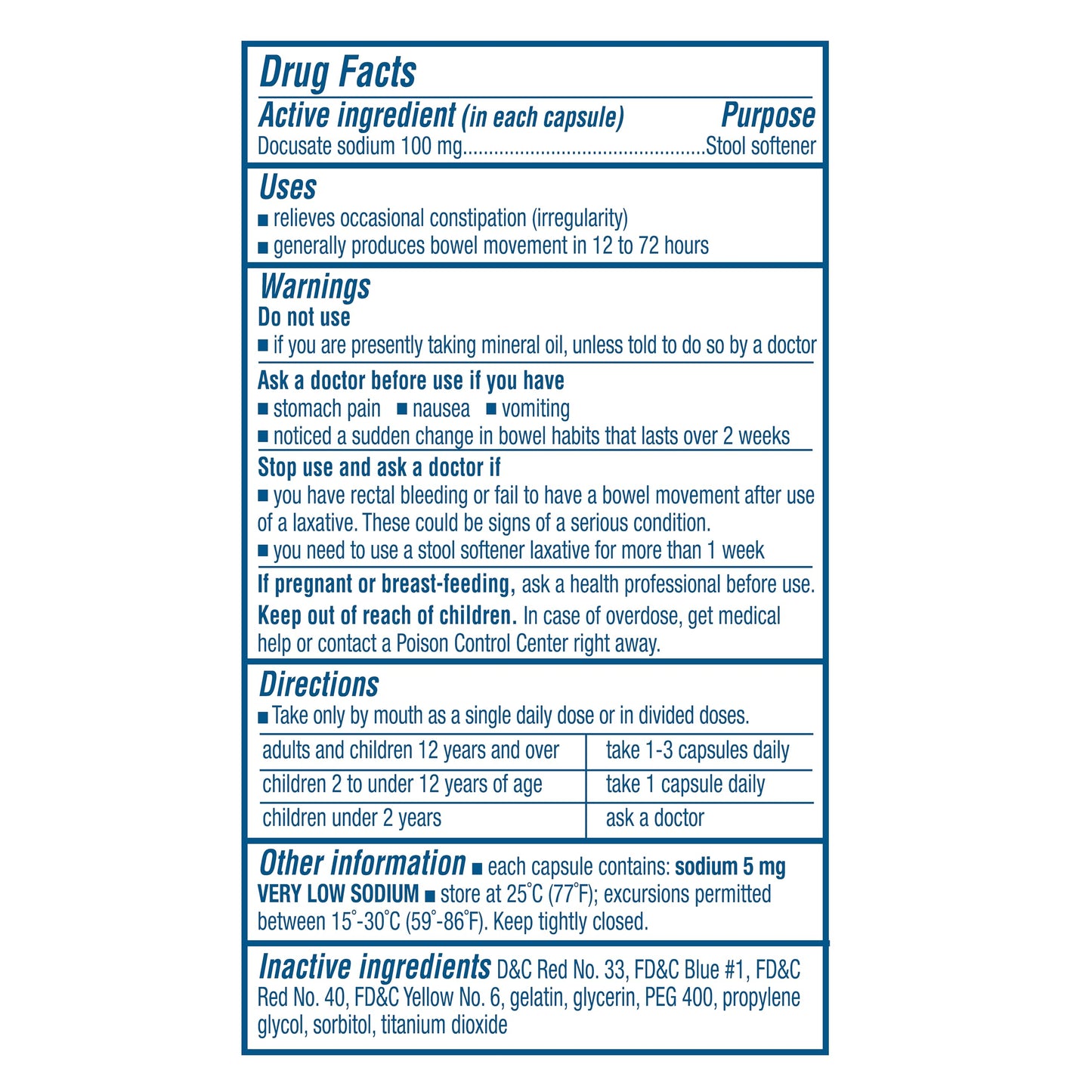 Colace Stool Softener 100 mg, 100 Capsules, Constipation Relief, Docusate Sodium, Gentle Docusate, Stimulant-Free, Regular Strength, #1 Doctor Recommended Stool Softener Brand