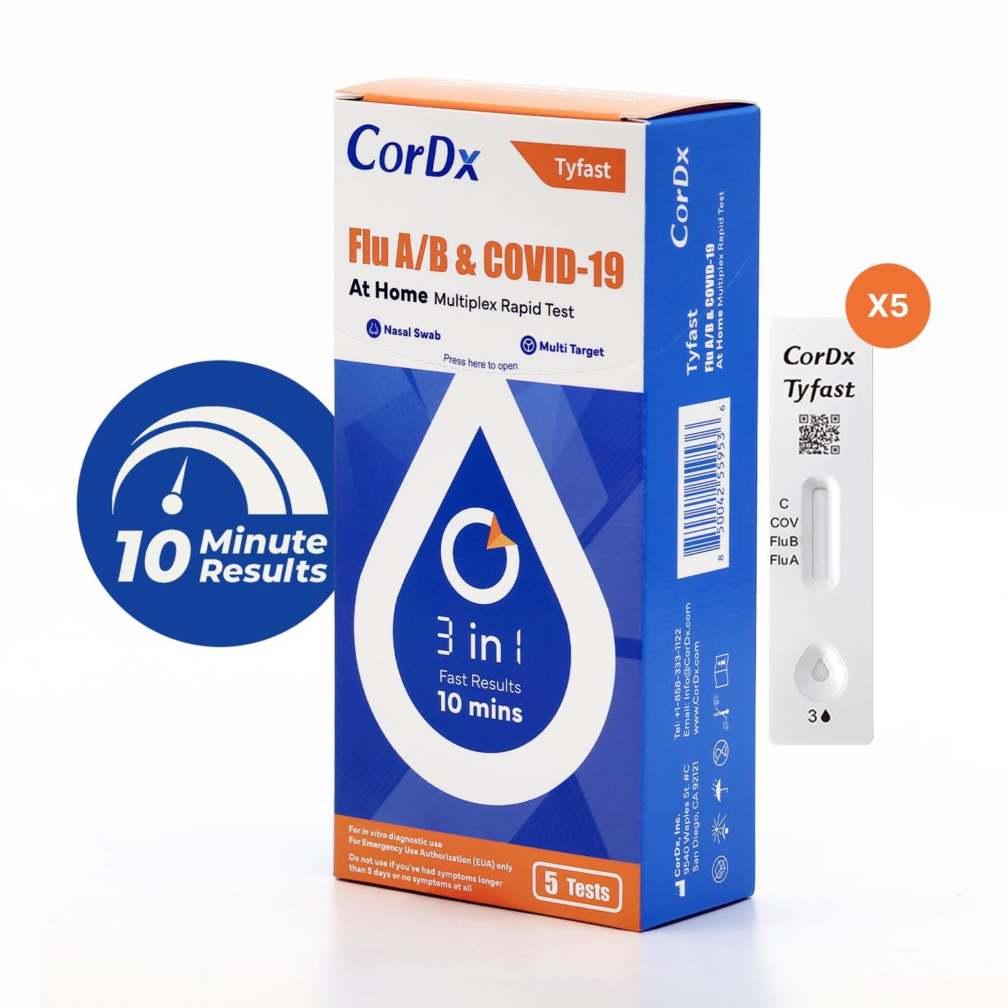CorDx TyFast 10 Mins Flu A/B & Covid 19 Multiplex Rapid Test, Results in 10 Minutes—Precision Skip The 15 Wait, EUA Authorized, at Home 3 in 1 Combo Kit, 5 Tests, Use-Friendly & No Discomfort