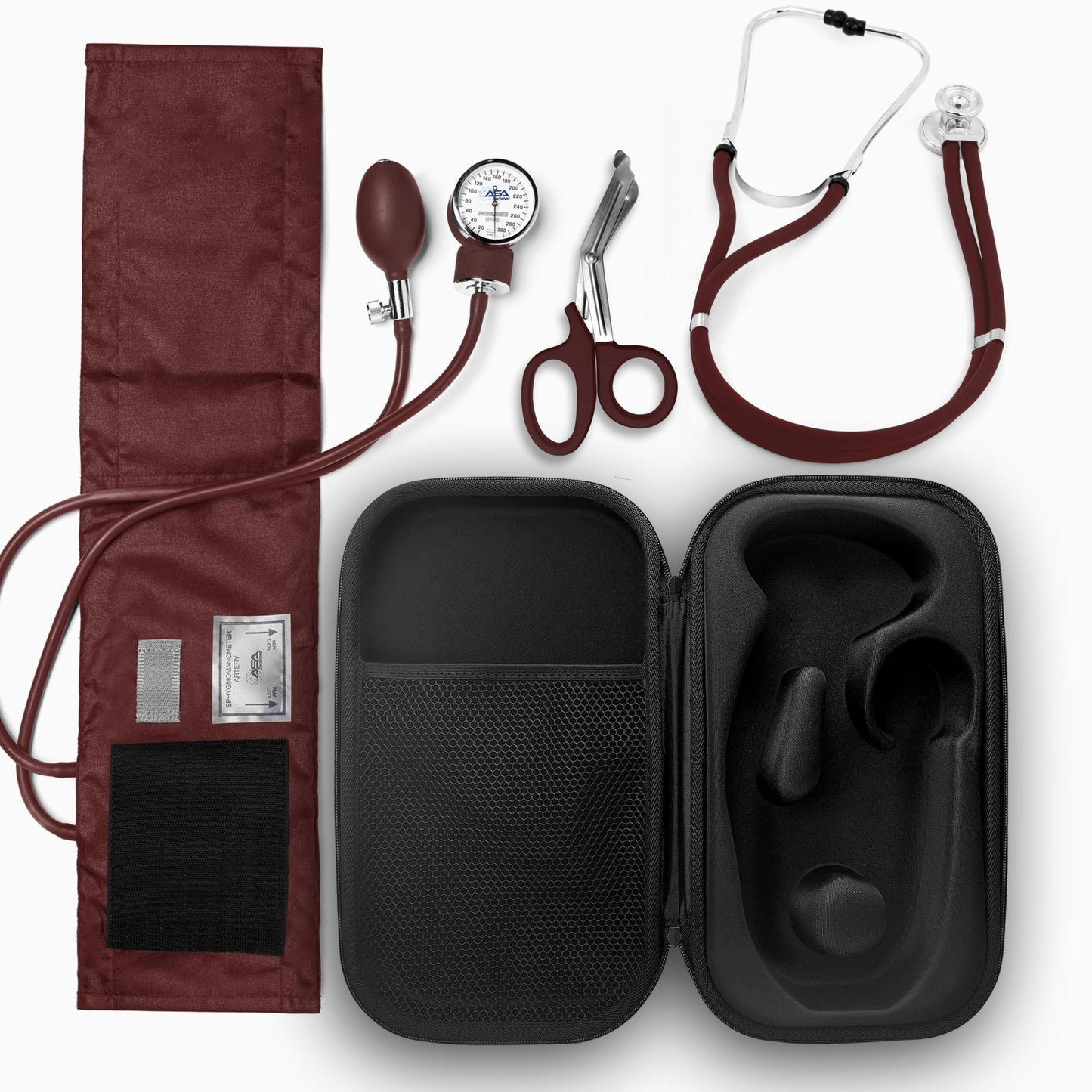 ASA TECHMED Medical Starter Kit – Stethoscope, Durable Blood Pressure Monitor, EMT Shears & Protective Carrying Case – Ideal for Healthcare Students & Professionals, Burgundy
